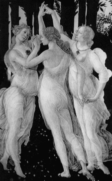 Boticelli's 'Primavera.' Detail of three dancing women holding a garland.